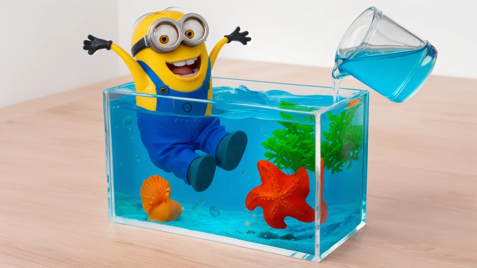 on a wooden table, there is a glass aquarium with blue water, a minion sitting in an aquarium, plastic red starfish in the aquarium, orange plastic shell and plastic green algae . water is poured from a measuring cup into an aquarium, against the background of the kitchen .beautiful lighting, Beautiful sunlight, realistic style , realistic texture, detailed texture, a high resolution, high quality, ultra hd 4k