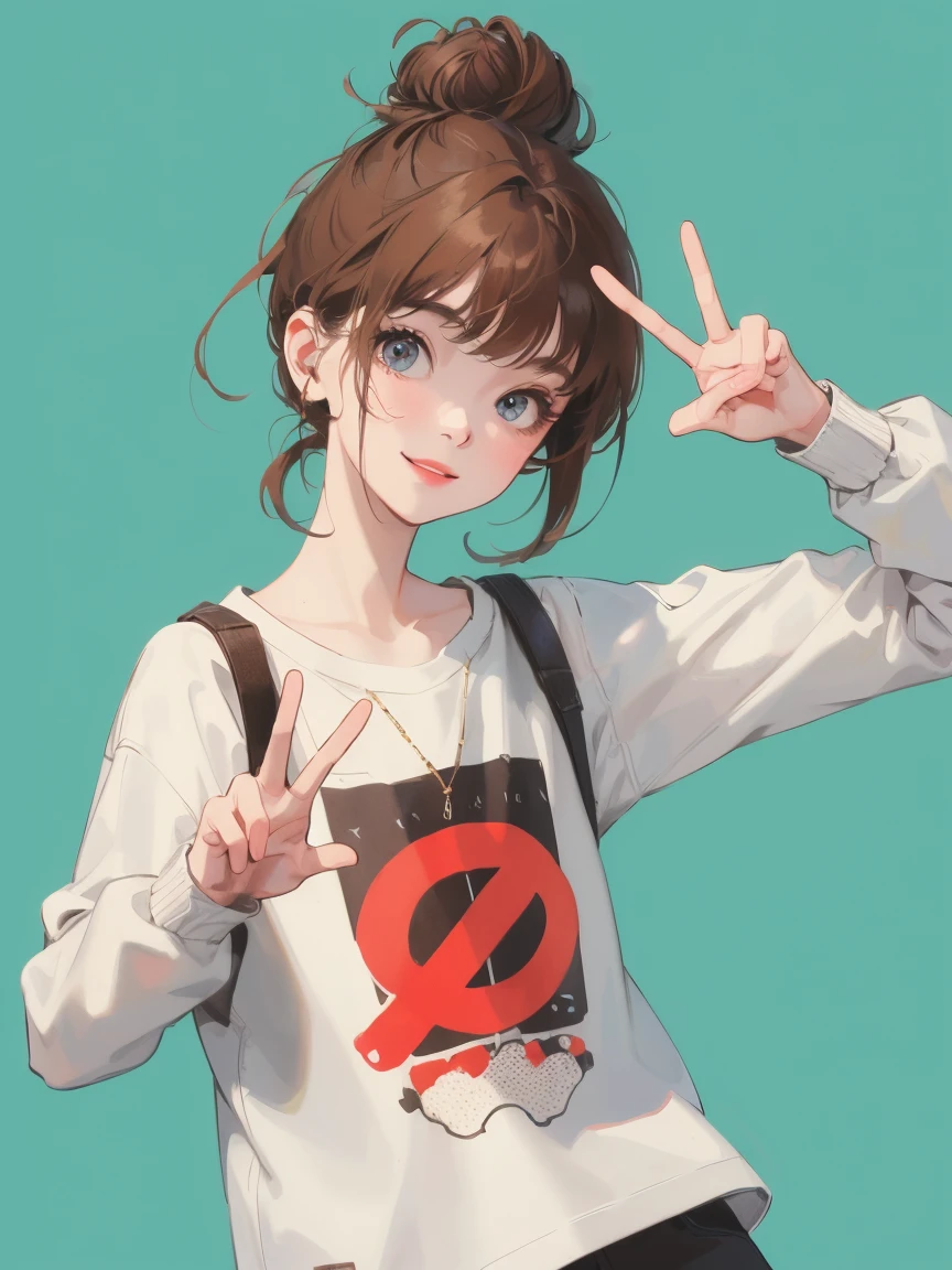 Brown Hair、Bun Hair、A girl around 20 years old、Facing forward、smile、Making a peace sign with both hands、Simple clothing、Simple Background、Gary&#39;s Background、Digital Art、Painting、Portraiture、image