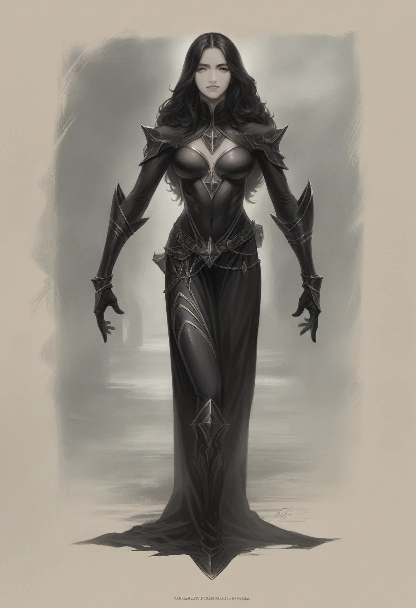 a woman with fierce eyes, detailed facial features, long flowing hair, wearing a black leather bodysuit, posing in a dark and moody environment, (best quality,4k,8k,highres,masterpiece:1.2),ultra-detailed,(realistic,photorealistic,photo-realistic:1.37),cinematic lighting,dramatic shadows,moody colors,dark fantasy,concept art
