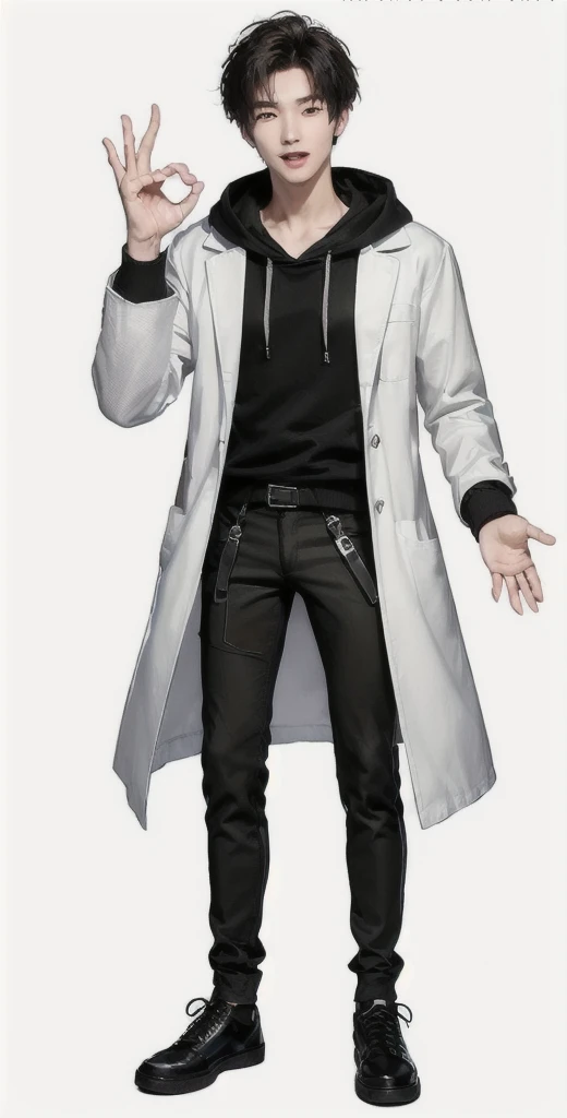 (OK Sign.:1.7),(photorealistic:1.2), (high detail face:1.3), (high detail hands:1.3), (anatomically correct hands:1.2), handsome young asian man, Japanese idol style, short clean-cut hair, ((center part)), (crisp white lab coat:1.3), ((black hoodie underneath:1.2)), (black pants:1.2), (black shoes:1.2), (enthusiastic expression:1.3), ((explain pose:1.4)), (both arms raised:1.3), (clenched fists:1.3), (energetic stance:1.2), plain white background, mid-shot portrait, full body view, high quality, detailed, 8K, (realistic skin texture:1.2), (sharp focus:1.1), (contrast between white coat and black clothing:1.2)