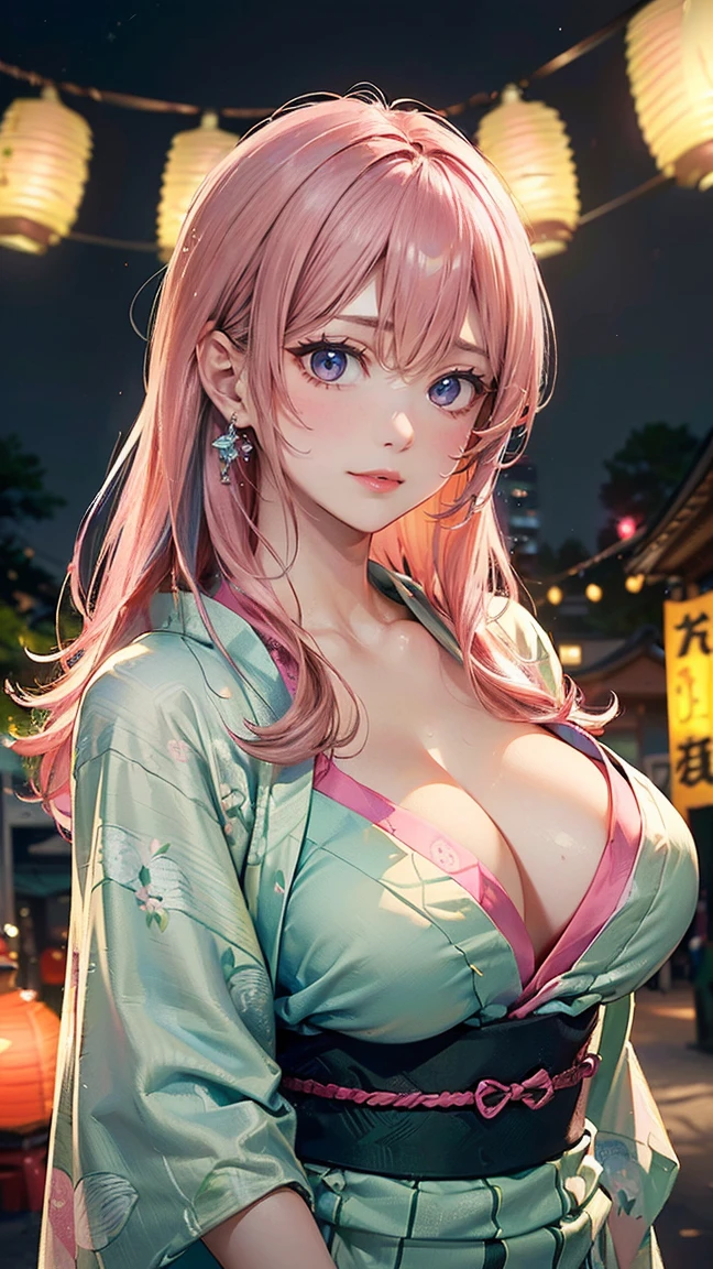 ((Highest quality, 8k, masterpiece :1.3)), (Sharp focus :1.2, Beautiful woman with perfect figure :1.4, Slim Abs), ((Big Breasts, Emphasize cleavage:1.2)), (Photorealistic:1.4), (realistic:1.4), (Pink Hair:1.5), Highly detailed face and skin texture, Fine grain, double eyelid. Makeup face, A little bit of lipstick, sex appeal, Sexy gravure pose, ((Wearing a green yukata、A high school girl with her hair down、Smiling sexy against the backdrop of lantern lights on a summer festival night。:1.3)