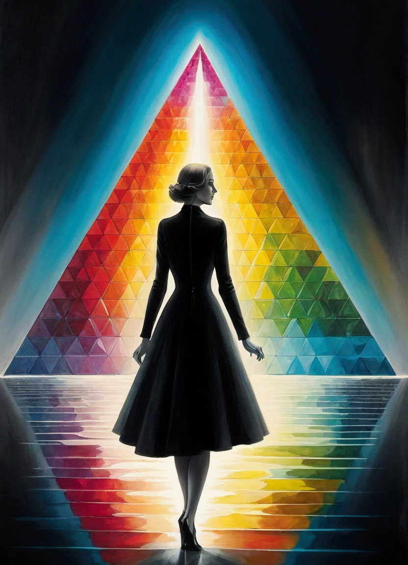 Imitating Alex Howitt (Alex Howitt) style of,style of santiago caruso,A mysterious woman, Beautiful and expressive, Light shining on a rainbow colored pyramid prism,Double exposure effect:1.3,Amazing depth,Geometric patterns,Bokeh,Perfect balance,Deep and thin border, (masterpiece), (best quality), (Super Detail), Abstract Surrealism
