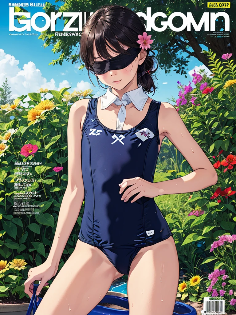 Magazine Cover,Legendary Flower,(School Swimsuit:1.5),collar, Blindfold,Watering the flower,Beep beep beep,Sweaty skin,garden,Gonzo Porn