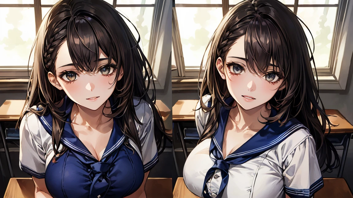 (masterpiece:1.2, Highest quality, Ultra-high resolution, Super detailed), (Realistic, photoRealistic:1.2), Beautiful illustrations, Perfect lighting, Natural light, colorful, Depth of written boundary, Browsing Caution, Vulgarity, 
Beautiful detailed hair, Highly detailed face, Beautiful attention to detail, Beautiful clavicle, Beautiful body, Beautiful breasts, Beautiful thighs, Beautiful feet, Beautiful fingers, 
View your viewers, 1 girl, kitamurakaori, (Perfect Anatomy, Anatomically correct, Highly detailed skin), Cute and symmetrical face, 
Perfect Face, Perfect Eyes, Perfect body, Perfect Fingers, (Skin Dentition), White skin, Glowing Skin,  
(Long Hair, Straight hair, Messy Hair:0.6, Black Hair), Swept-apart bangs, blue eyes, Droopy eyes, Long eyelashes, (Large Breasts, Big Hips, Captivating thighs), thin, Excellent style, 
(Detailed cloth texture), Short sleeve, Blue Sailor Suit, Pleated skirt, Red Sailor Scarf, School Bugs, 
(Beautiful views), evening, (classroom:1.2), walk, (smile, Lips parted), 