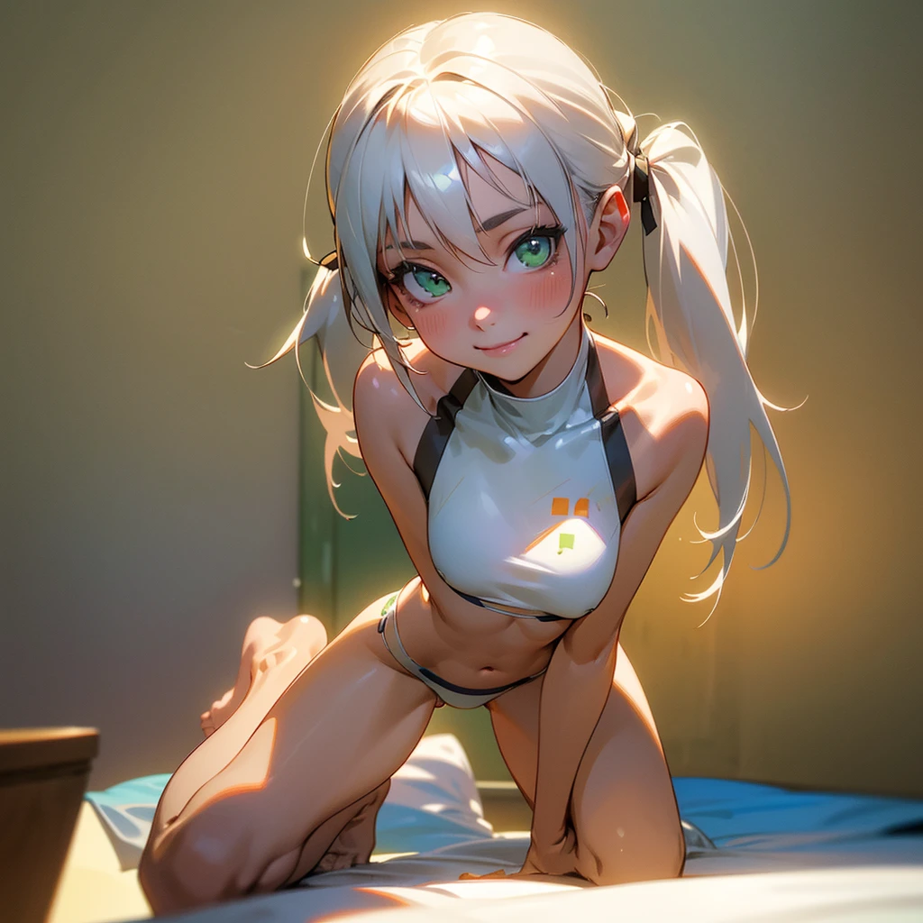 (pov, smiling, , realistic, skinny, short, flatchested, 18 year old woman, green eyes, white hair, long twintails, tanlines, strapless tube-top bikini, centered, facing viewer, kneeling:1.5), (skinny and flatchested:1.2), (add realistic detail:0.9), (perfect hands, 5 fingers), (8k resolution masterpiece), full body, official art, (8k resolution CG), HD, (high definition realistic detail), (realistic muscles:0.5), best quality, highly detailed, centered, 3d redering, kawaii