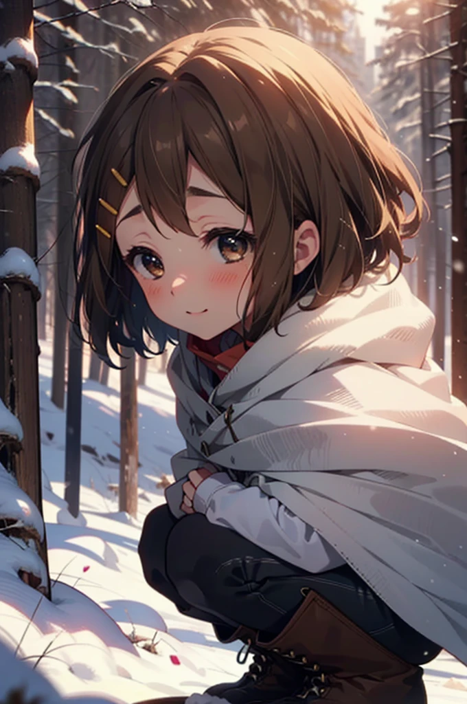 yuihirasawa, Yui Hirasawa, short hair, Brown Hair, hair ornaments, (Brown eyes:1.5), Hair Clip、smile,smile,blush,white breath,
Open your mouth,snow,Ground bonfire,, Outdoor, boots, snowing, From the side, wood, suitcase, Cape, Blurred, , forest, White handbag, nature, Squat, Mouth closed, Cape, winter, Written boundary depth, Black shoes, red Cape break looking at viewer, Upper Body, whole body, break Outdoor, forest, nature, break (masterpiece:1.2), Highest quality, High resolution, unity 8k wallpaper, (shape:0.8), (Beautiful and beautiful eyes:1.6), Highly detailed face, Perfect lighting, Extremely detailed CG, (Perfect hands, Perfect Anatomy),