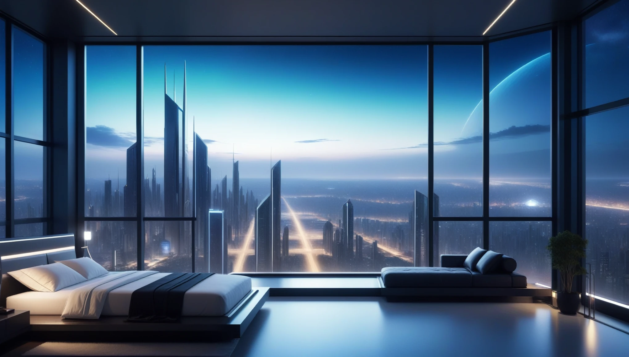 at night, front view of a futuristic city landscape out of a large window in a futuristic luxury apartment with a beautiful sky