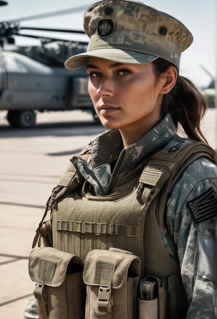 Hyperrealistic art close-up photo of m4d1s0n a woman, wearing a military outfit, looking at viewer, at a military base,  . Extremely high-resolution details, photographic, realism pushed to extreme, fine texture, incredibly lifelike