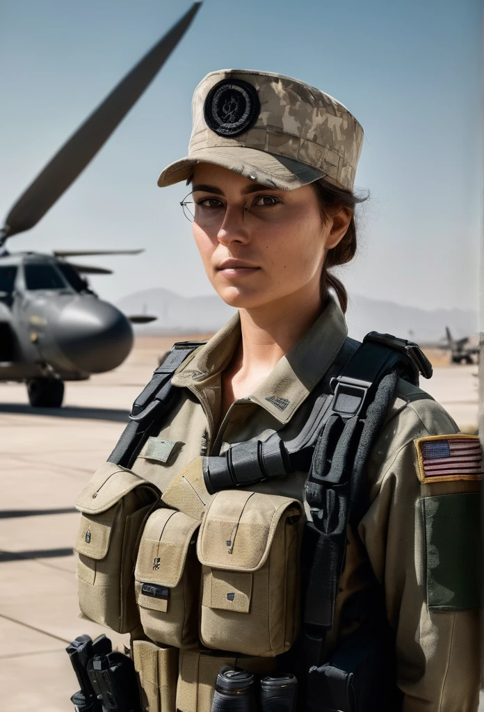 Hyperrealistic art close-up photo of m4d1s0n a woman, wearing a military outfit, looking at viewer, at a military base, . Extremely high-resolution details, photographic, realism pushed to extreme, fine texture, incredibly lifelike