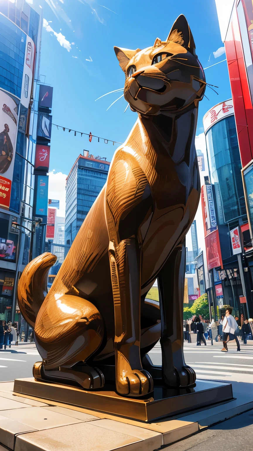 Highest quality, Highest quality, 16K, Unbelievably absurd, Very detailed, delicate and dynamic, Natural light, A huge bronze beckoning cat statue, Sitting, 30m tall beckoning cat, Tokyo Japan, In front of Shibuya Station, Statue of Hachiko, the faithful dog