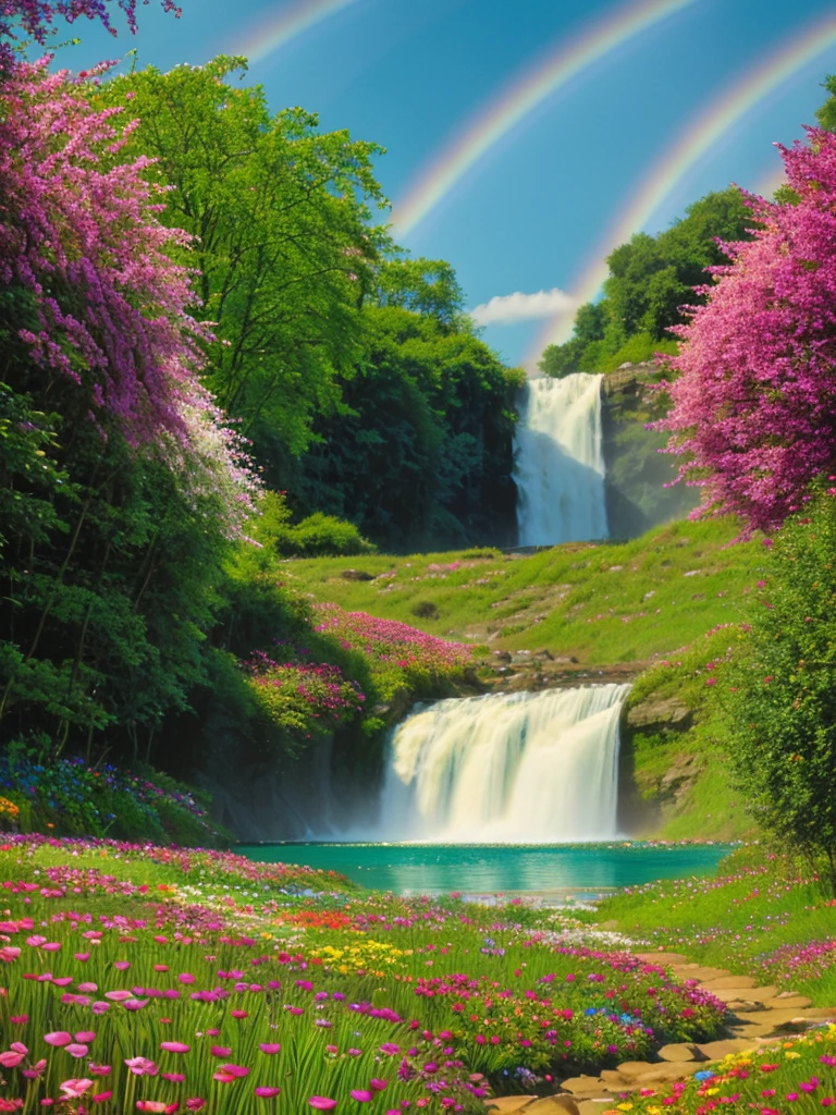 hill, Field of colorful flowers, clear sky, rainbow, waterfall, river, Multi-colored fish,