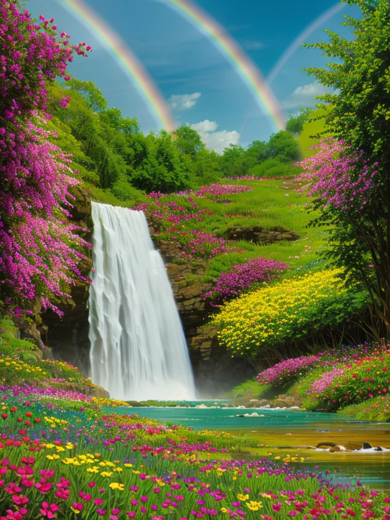 hill, Field of colorful flowers, clear sky, rainbow, waterfall, river, Multi-colored fish,