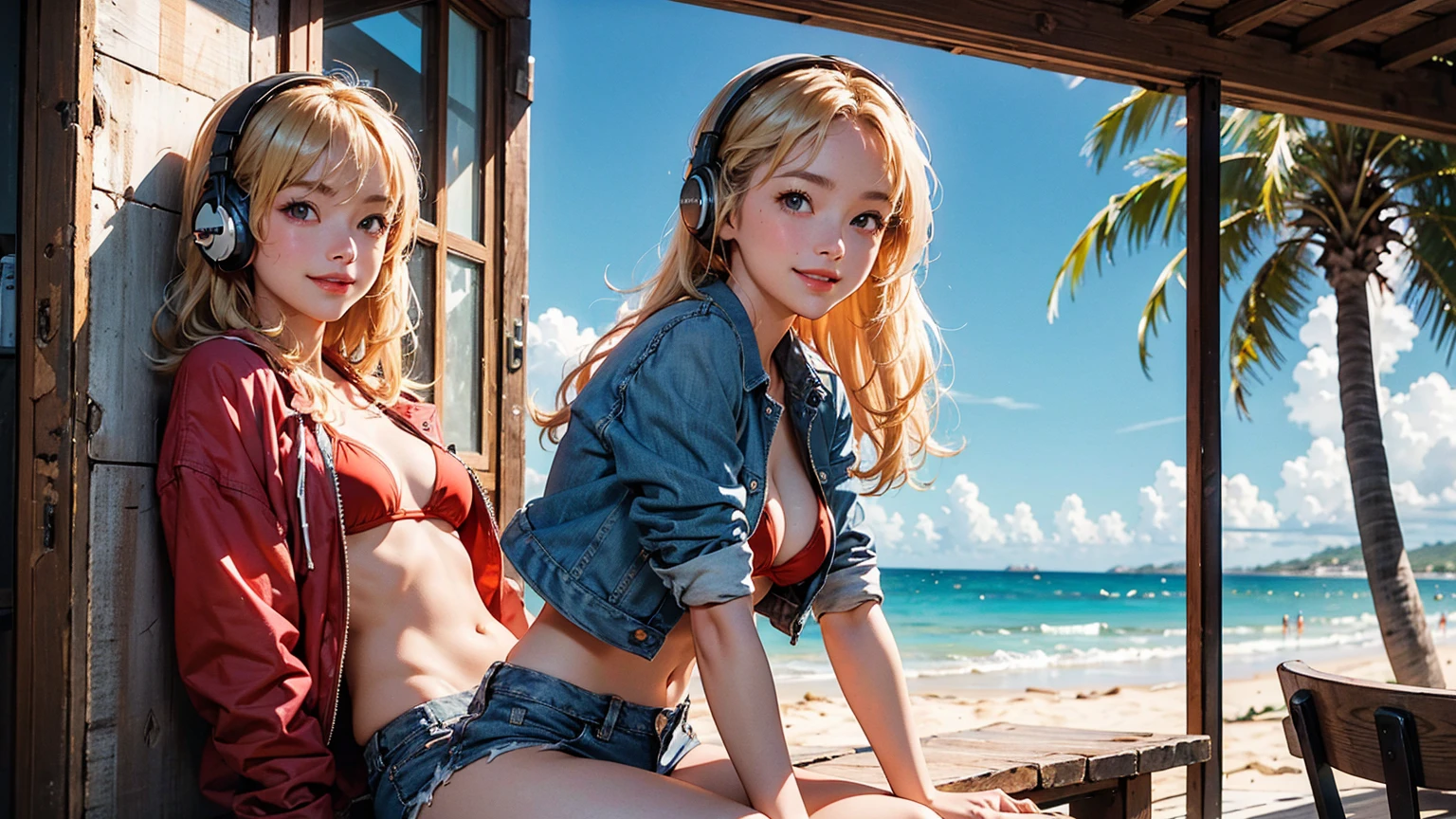 masterpiece、high resolution 8k、NSFW、sharp focus、contrast lighting、A cozy beach bar with a menu board, 1 girl, sitting on wooden stools,a red bikini top,blue denim jacket shorts,long blonde hair hair,smiling,headphone, a doorway leads to a sandy beach with a clear blue sky and a palm tree.