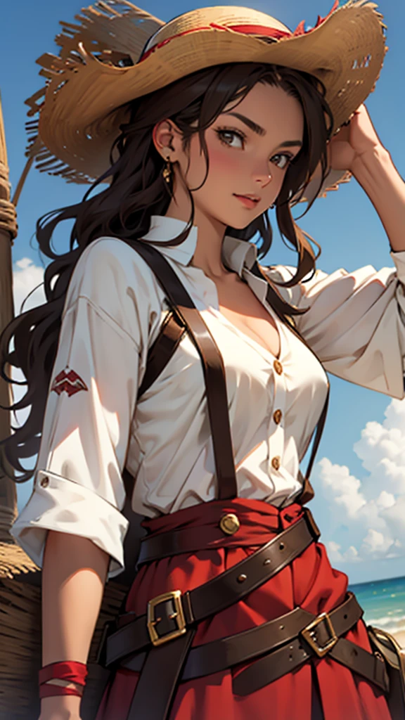 1 female, medium length brown hair, hazel eyes, wearing straw hat with red band with pirate outfit
