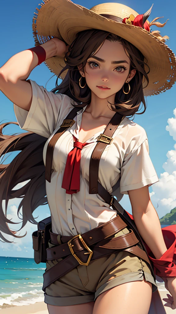 1 female, medium length brown hair, hazel eyes, wearing straw hat with red band with pirate outfit
