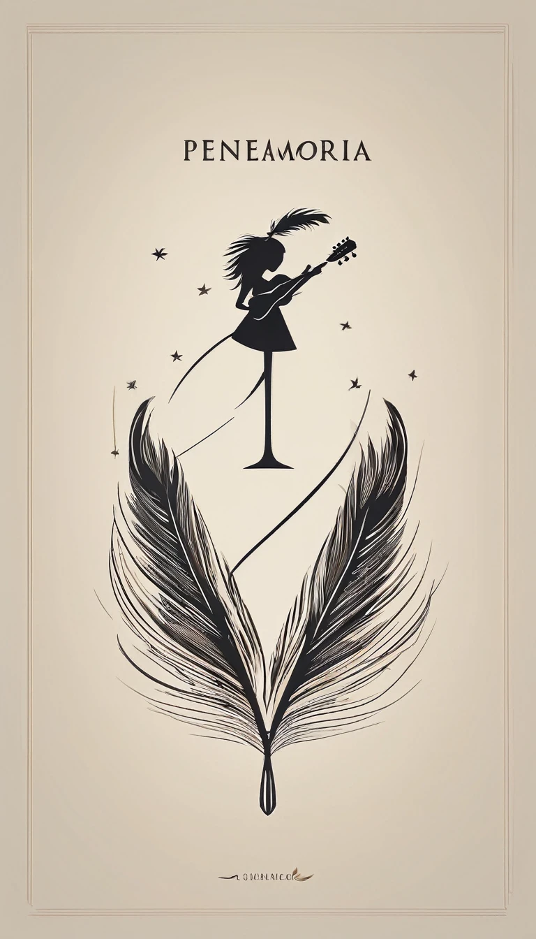 A minimal, high quality, modern, simple, cinematic symbol design for the brand “Penamemoria". The logotype must be a simple, magical feather and a boy playing acoustic guitar. The logo must convey a sense of music, stories and dreams. Logo design impressed on a book cover. Minimalistic logo