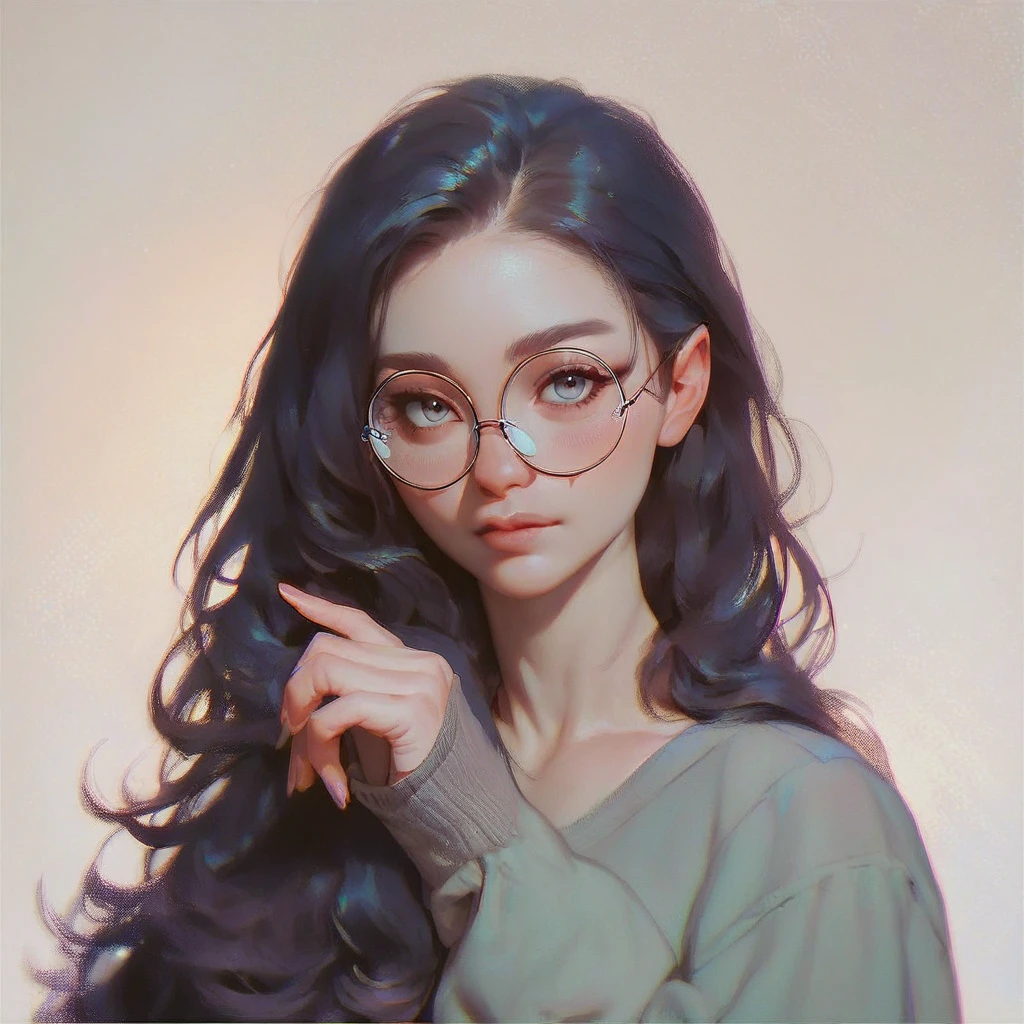 score_9, score_8_up, score_7_up,score_6_up, score_5_up,1girl, looking at the viewer, black long hair, round glasses,