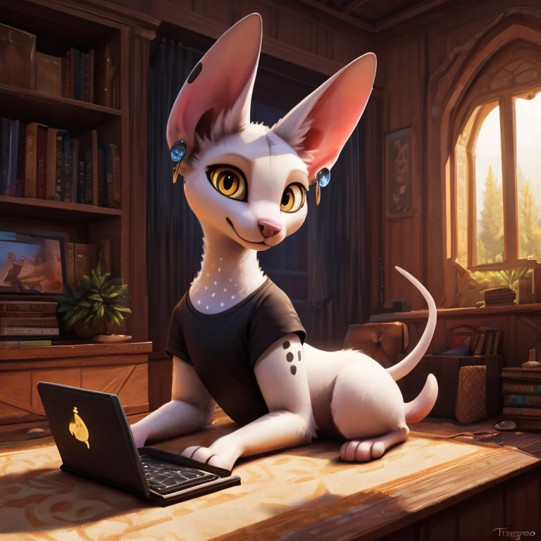 White Sphynx cat, feral, blue earrings in his ears, wearing a black t-shirt with white spots, beautiful detailed and dilated eyes, golden eyes, white pupils, extremely detailed, sitting on a tablet, looking at viewer, ((By trigaroo))
