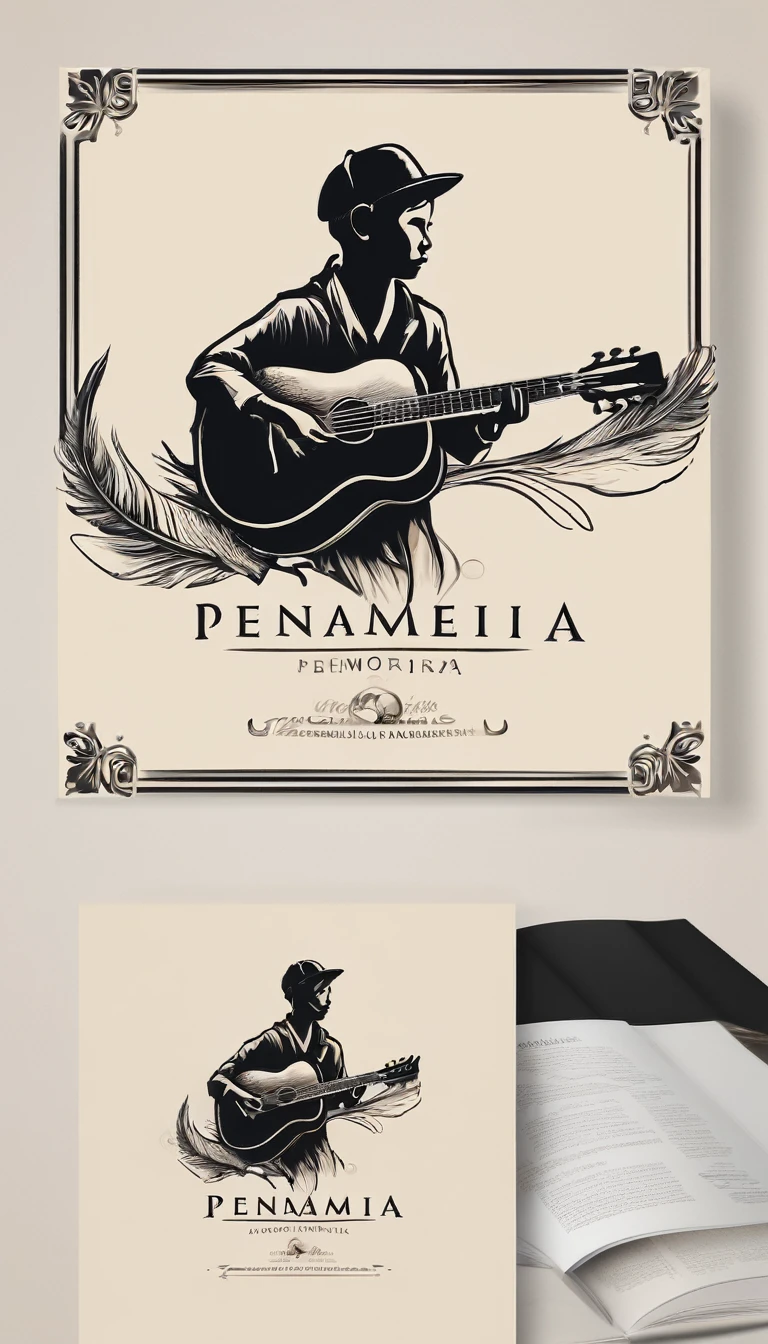 Create a minimal, modern, simple, inspirational, memorable, dream like logo design of a boy playing acoustic guitar to a feather for the brand “Penamemoria". The logo design must convey a sense of storytelling, cinematic storytelling, stories and dreams. Logo design impressed on a book cover