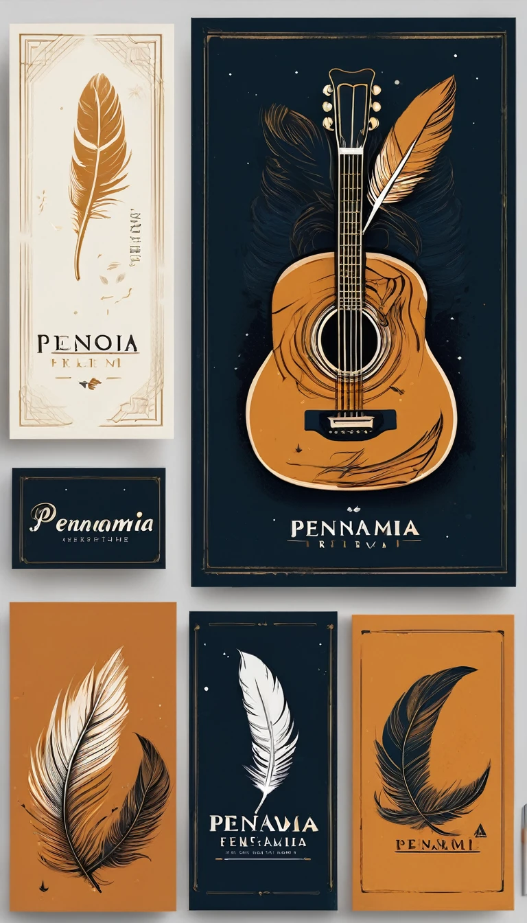 Create a minimal, modern, simple, inspirational, memorable, dream like logo design of a boy playing acoustic guitar to a feather for the brand “Penamemoria". The logo design must convey a sense of storytelling, cinematic storytelling, stories and dreams. Logo design impressed on a book cover