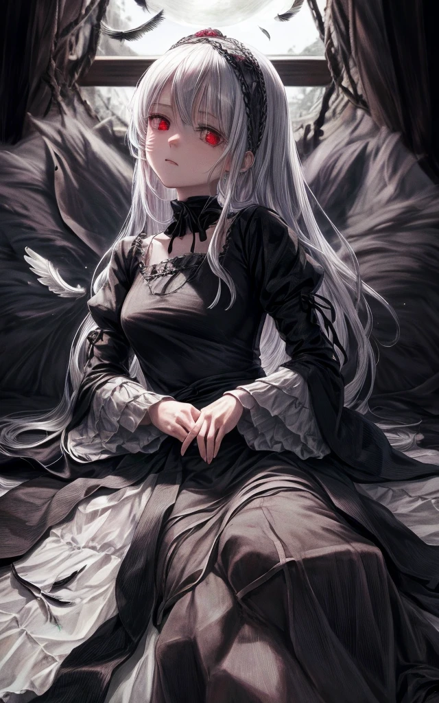 Write a scene featuring Suigintou from *Rose Maiden* sitting by the window. She has silver hair, black feathers, and wears a black dress. Her expression is emotionless, yet her eyes are strikingly beautiful. The room is dark, illuminated by moonlight streaming through the window. The moon is visible outside, casting a gentle glow across the scene.、doll、bangs,