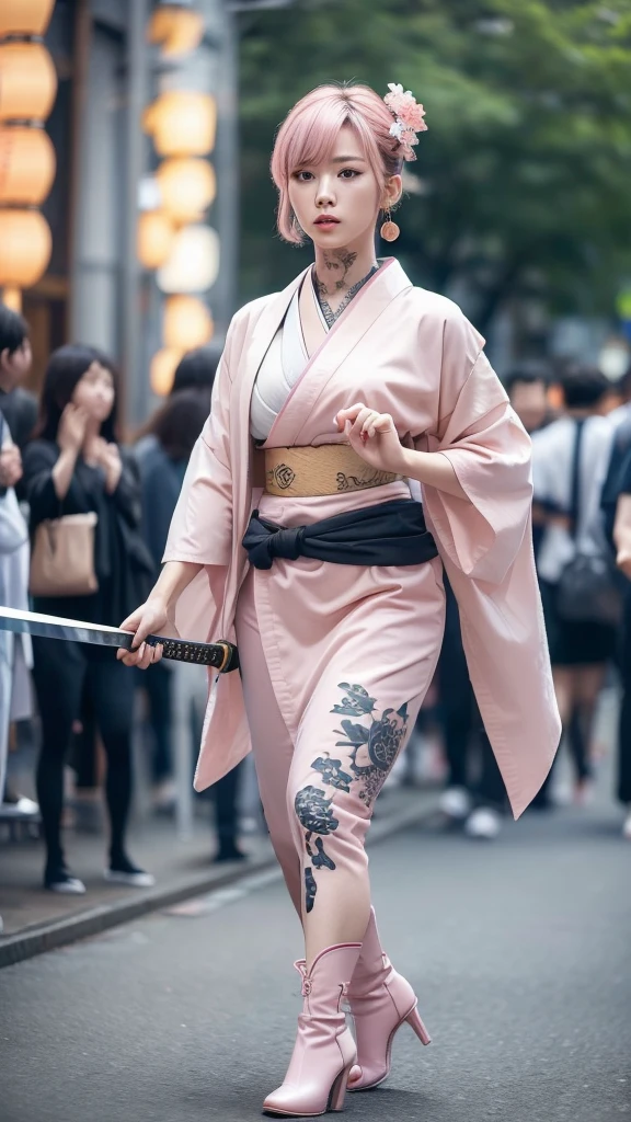 Beautiful Chinese woman, (), cute face, red lips, white moisturized skin, moles, ((eye bags)),
BREAK,
Feminine body with high athletic ability, Body of a female fitness model, Feminine body with hard tones, (Muscles: 1.2), (Beautiful belly button),
BREAK,
Fighter, Kung Fu fighter, Idol,
BREAK,
(Wearing a cute kimono: 1.3), (Kimono with a high degree of exposure), (Stiletto heels, long boots 1.3), necklace, very large earrings, short length,
BREAK,
Short hair, (Short bob hair), (Bangs: 1.2), (Pink hair: 1.3), (Wavy hair),
BREAK,
(Very large Japanese sword: 1.4), (Holding the handle of a Japanese sword: 1.3), (Fighting: 1.2), (Getting into a fighting stance), (Beautiful blade of a Japanese sword: 1.2)
BREAK,
(Japanese tattoo: 1.4),
BREAK,
Masterpiece, Perfect lighting, Ultra high resolution, 8K, (Very detailed: 1.4), (From the front), Looking at the camera, Melancholic expression,
BREAK,
(Tokyo city, lots of people in the background: 1.2), City background in Shibuya, Tokyo, Japan,