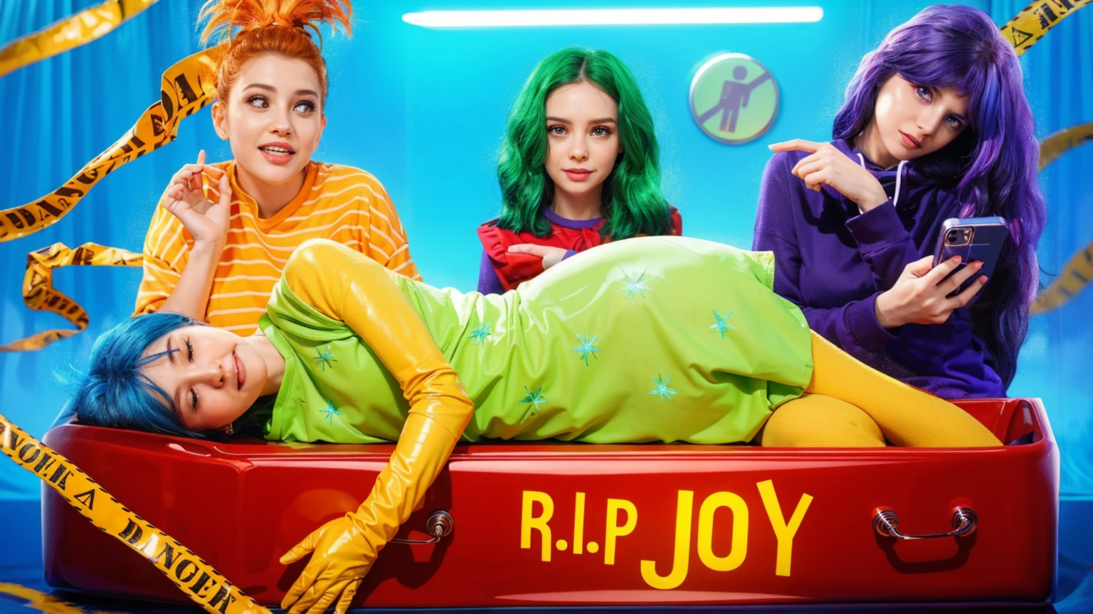 This image vibrantly captures a playful scene featuring Riley Andersen from "Inside Out," surrounded by characters styled as animated emotions from the movie. The blue-haired girl on the left symbolizes creativity and intelligence with her glasses and a radiant smile. Beside her, the girl with orange hair and a spirited expression represents enthusiasm and energy. At the center, toddler Riley, with her big blue eyes and starry pajamas, embodies innocence and is the focal point of the emotional journey depicted in "Inside Out." To her right, the girl with blue hair in a green dress could represent a quirky, imaginative aspect, while the young man in a white shirt and red gloves adds a touch of strength and leadership. They are all gathered around a crib, exuding warmth and a sense of camaraderie, perhaps symbolizing a supportive family or a collective of guiding emotions, each playing a role in nurturing Riley's growth and experiences. The "Inside Out" pillow and Riley's outfit further tie into the theme of exploring internal emotions and their impact on the outer world. vibrant contrast to his attire and accessories.аffects render, (glossy plastic texture with multiple big light probe refractions), perfect cgi, smooth silhouette, high intensity refraction, (super glossy plastic material), most beautiful vfx, , realistic, 4k, high resolution, rim light, smooth 3d model, multiple light sources, rim light, sharp post effects render,, realistic, 4k, high resolution, rim light detailed digital art, reflective, best quality, 4k, masterpiece:1.2, ultra-detailed, realistic, vivid colors, The image of the highest quality, ensuring every detail showcased perfectly. It in 4k resolution, allowing viewers to immerse themselves in the richness of the colors and intricate details. The realistic rendering. under the spotlight, reflecting, high-resolution image, realistic rendering