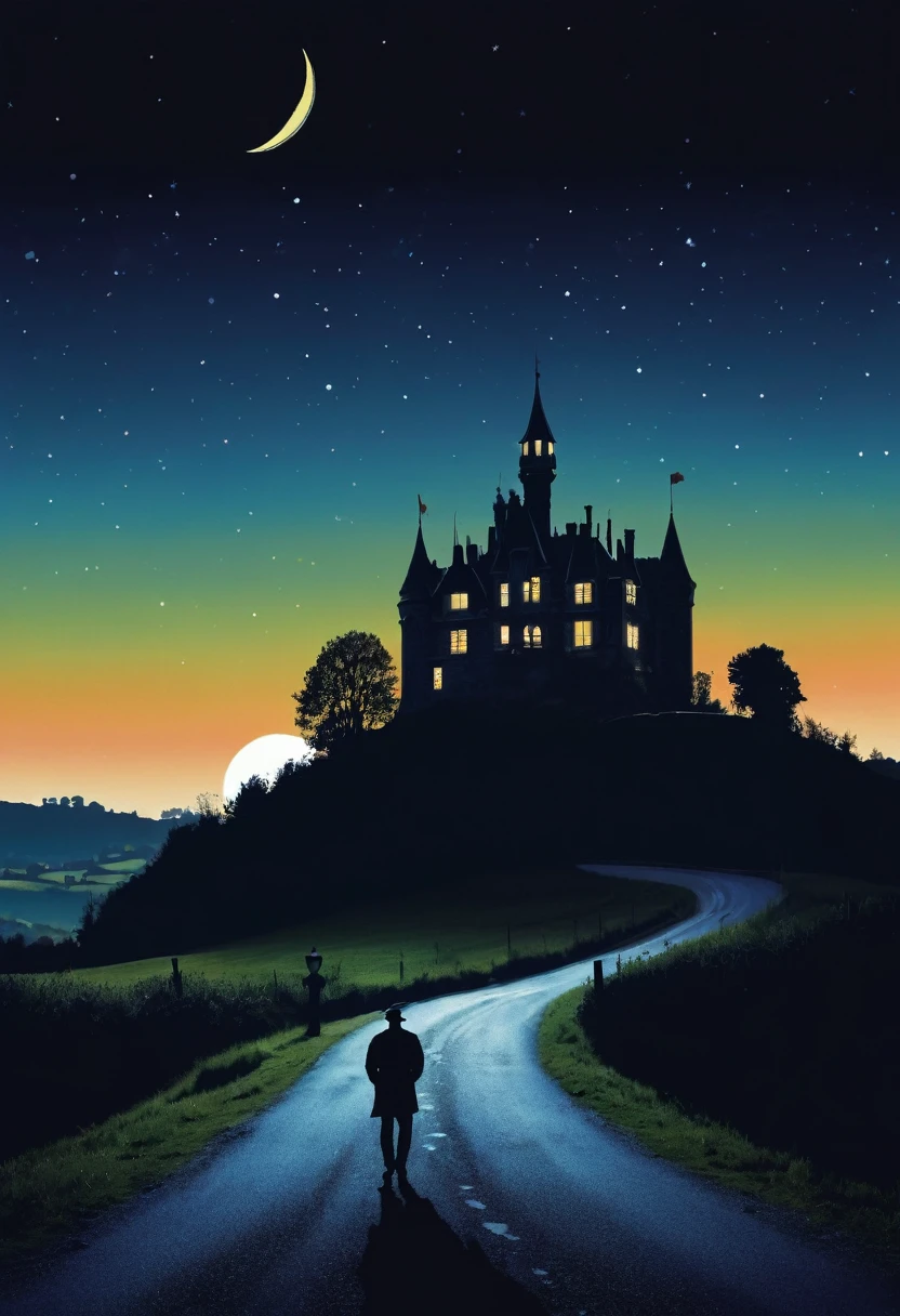 Affiche de film annee 90, une silhouette d'un homme debout de dos  sur route la nuit , chaque côté des maison en vois, un chateau au loin sur un colline , pleine lune , néon, 
