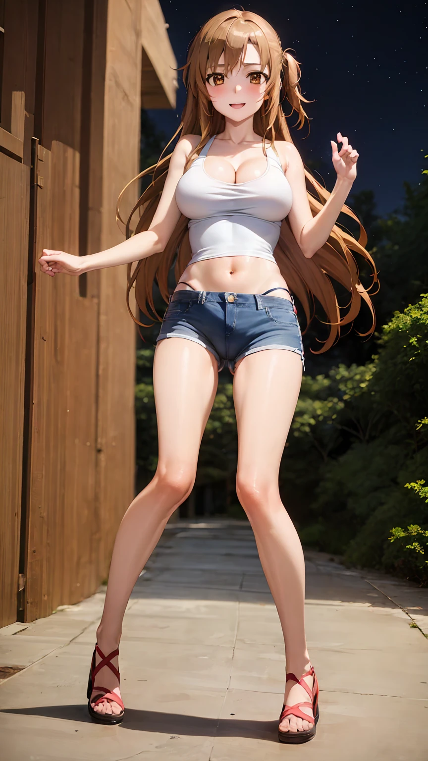 [asuna yuuki, long hair, brown hair, (brown eyes:1.8),], 1girl, anime girl, anime, girl, 2d girl, 16y, (fullbody), seductive smile, blush, cleavage, (((Solo))), Slim, tank top, Big breasts, large Breasts, sfw, cowboy shot, Tight Shorts, low waist shorts, upshorts, outdoors, night background, looking at viewer, darker shadows, (((shorts))), (((absurdres))), (((thigh gap))), cameltoe, (((cameltoe))), (((cleft of venus))), (((lowleg shorts))),