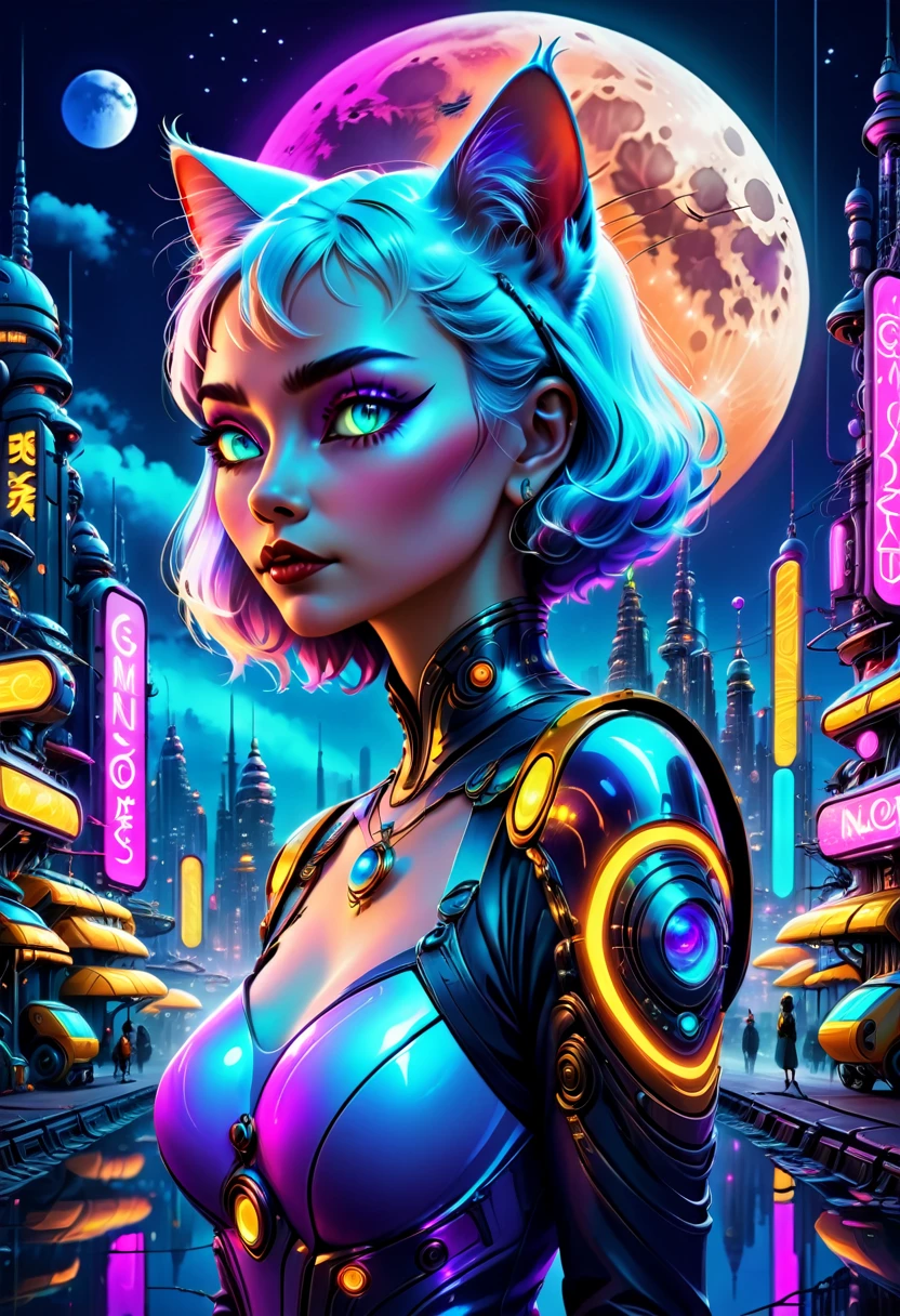 a medium quality digital painting of a beautiful neofuturistic woman, Granny cat, Same Ol’ Mistakes, futuristic, fantasy, glowing, surreal, vibrant colors, creative character design, detailed background, night scenery, cyberpunk, magical realism, high contrast lighting, mysterious atmosphere, neon lights, moon reflections, digital illustration, art nouveau influence, 4k