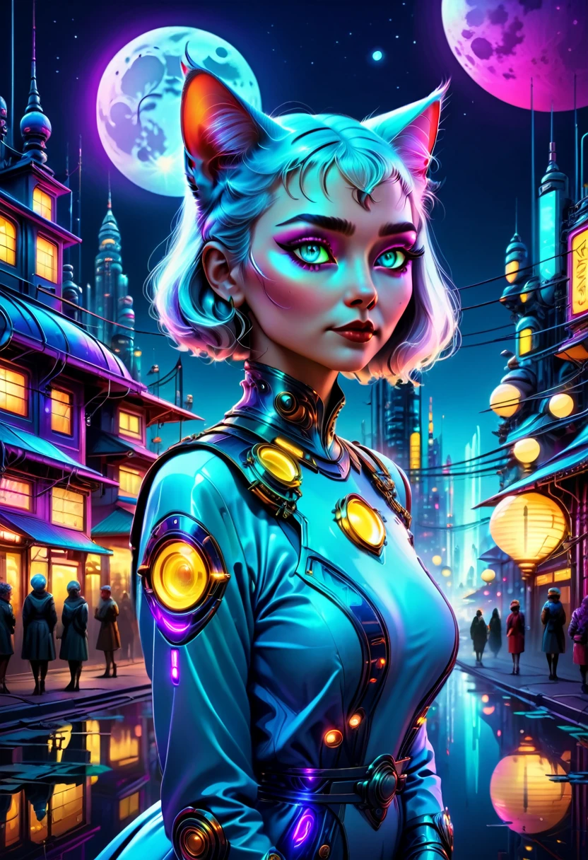 a medium quality digital painting of a beautiful neofuturistic woman, Granny cat, Same Ol’ Mistakes, futuristic, fantasy, glowing, surreal, vibrant colors, creative character design, detailed background, night scenery, cyberpunk, magical realism, high contrast lighting, mysterious atmosphere, neon lights, moon reflections, digital illustration, art nouveau influence, 4k