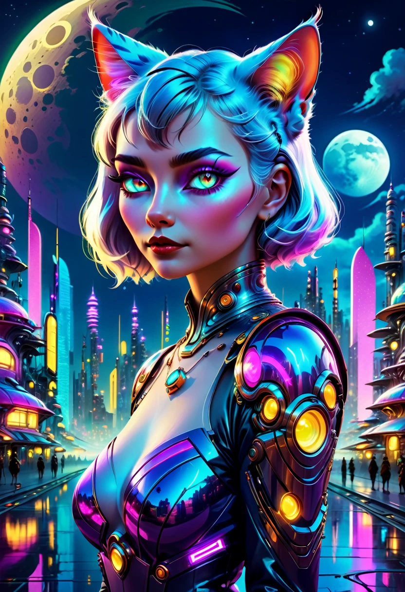 a medium quality digital painting of a beautiful neofuturistic woman, Granny cat, Same Ol’ Mistakes, futuristic, fantasy, glowing, surreal, vibrant colors, creative character design, detailed background, night scenery, cyberpunk, magical realism, high contrast lighting, mysterious atmosphere, neon lights, moon reflections, digital illustration, art nouveau influence, 4k