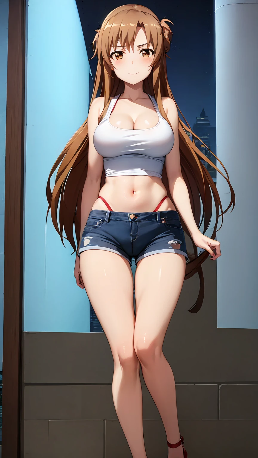 [asuna yuuki, long hair, brown hair, (brown eyes:1.8),], 1girl, anime girl, anime, girl, 2d girl, 16y, (fullbody), seductive smile, blush, cleavage, (((Solo))), Slim, tank top, Big breasts, large Breasts, sfw, cowboy shot, Tight Shorts, low waist shorts, upshorts, outdoors, night background, looking at viewer, darker shadows, (((shorts))), (((absurdres))), (((thigh gap))), cameltoe, (((cameltoe))), (((cleft of venus))), (((lowleg shorts))),