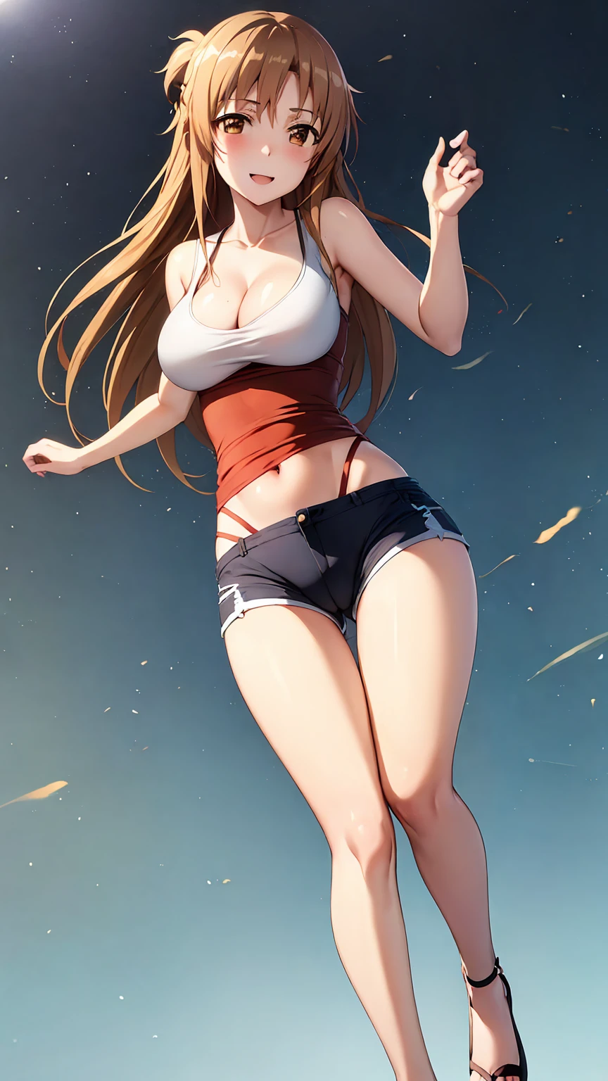 [asuna yuuki, long hair, brown hair, (brown eyes:1.8),], 1girl, anime girl, anime, girl, 2d girl, 16y, (fullbody), seductive smile, blush, cleavage, (((Solo))), Slim, tank top, Big breasts, large Breasts, sfw, cowboy shot, Tight Shorts, low waist shorts, upshorts, outdoors, night background, looking at viewer, darker shadows, (((shorts))), (((absurdres))), (((thigh gap))), cameltoe, (((cameltoe))), (((cleft of venus))), (((lowleg shorts))),