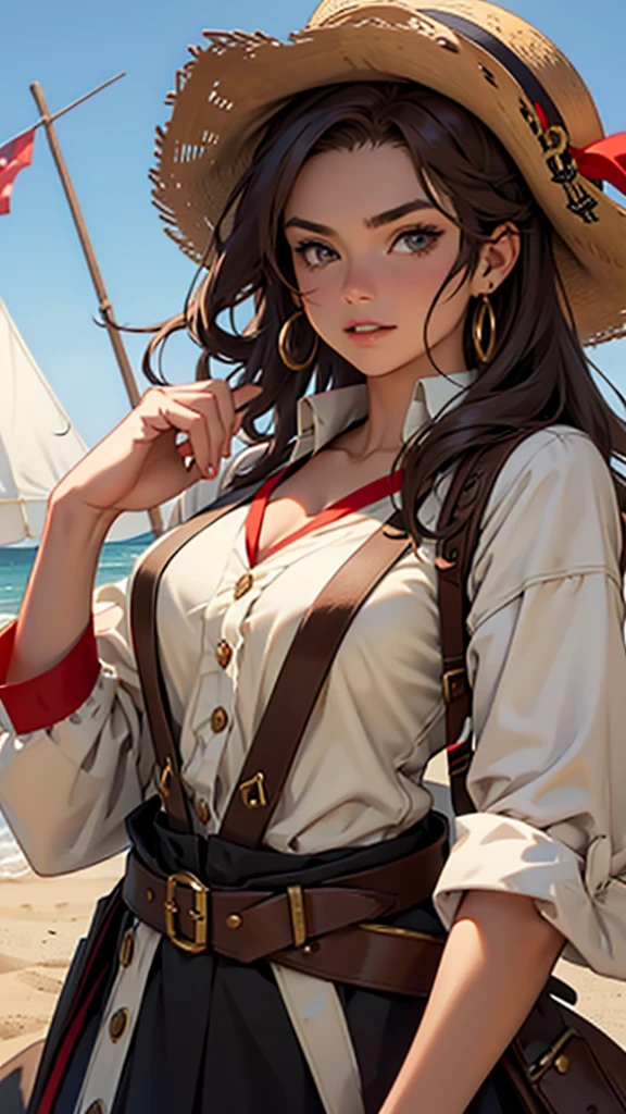 1 female, medium length brown hair, hazel eyes, wearing straw hat with red band with pirate outfit