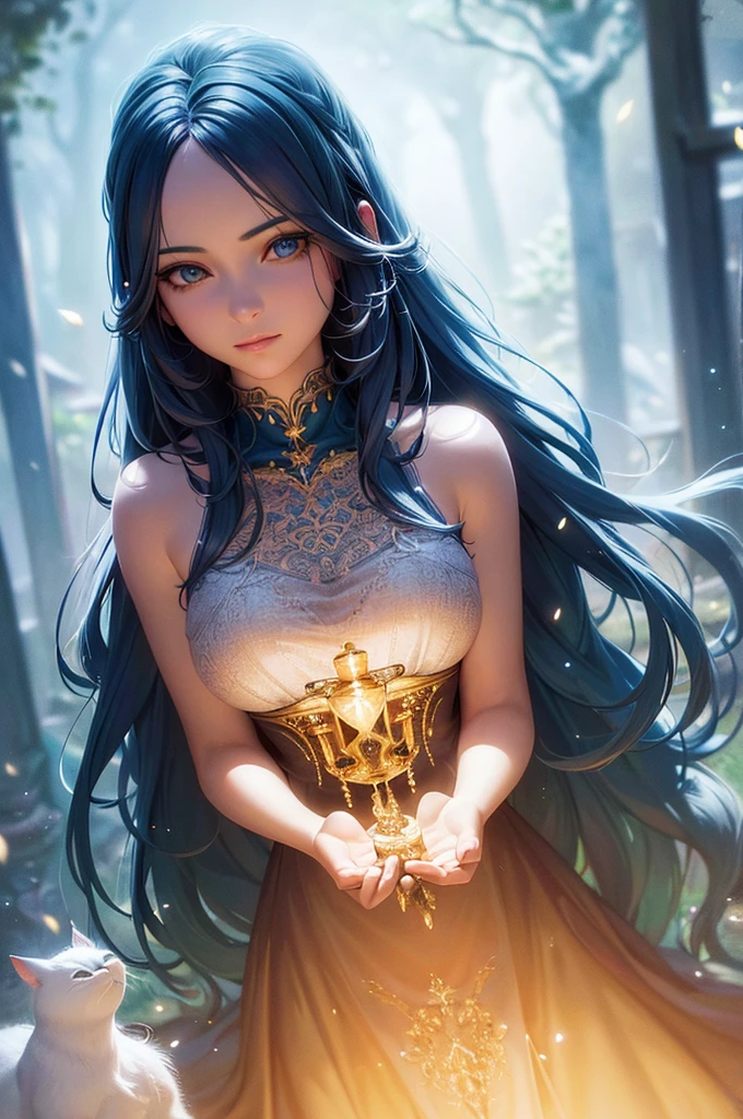 a beautiful girl with long blue hair, wearing a magical cat-like outfit, sparkling eyes, extremely detailed face and intricate details, magical glowing hands, in a fantasy forest environment, (best quality,4k,8k,highres,masterpiece:1.2),ultra-detailed,(realistic,photorealistic,photo-realistic:1.37),fantasy,digital painting,concept art,vibrant colors,cinematic lighting,dramatic composition