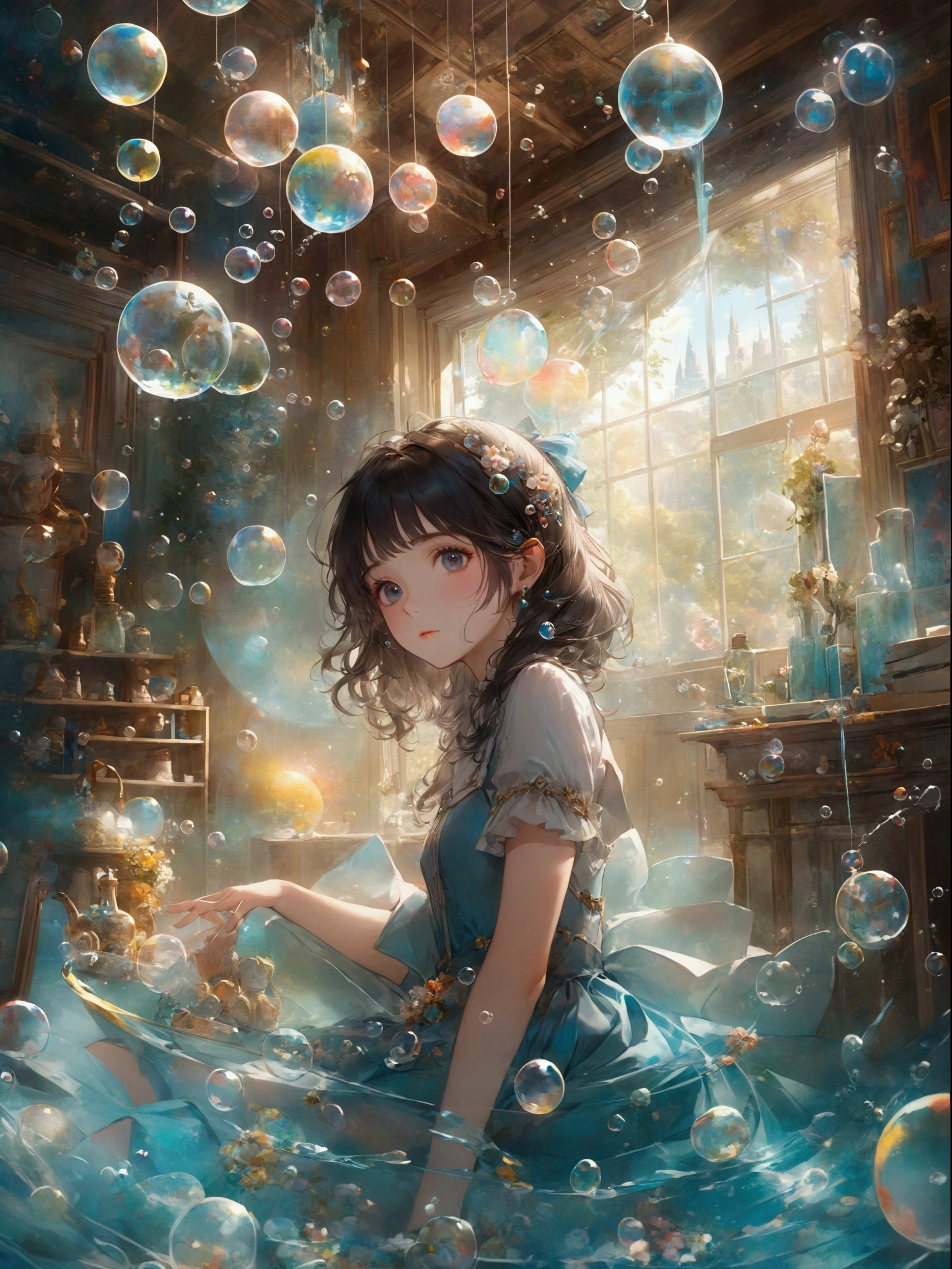 An anime girl in a blue dress、Sitting in a room with bubbles floating around, Anime fantasy illustration, Fantasy art style, artstation pixivでトレンド, Gweiz-style artwork, Beautiful artwork illustration, Anime fantasy artwork, A close-up fantasy using the magic of water, Artgerm Julie Bell Beeple, guweiz on pixiv artstation