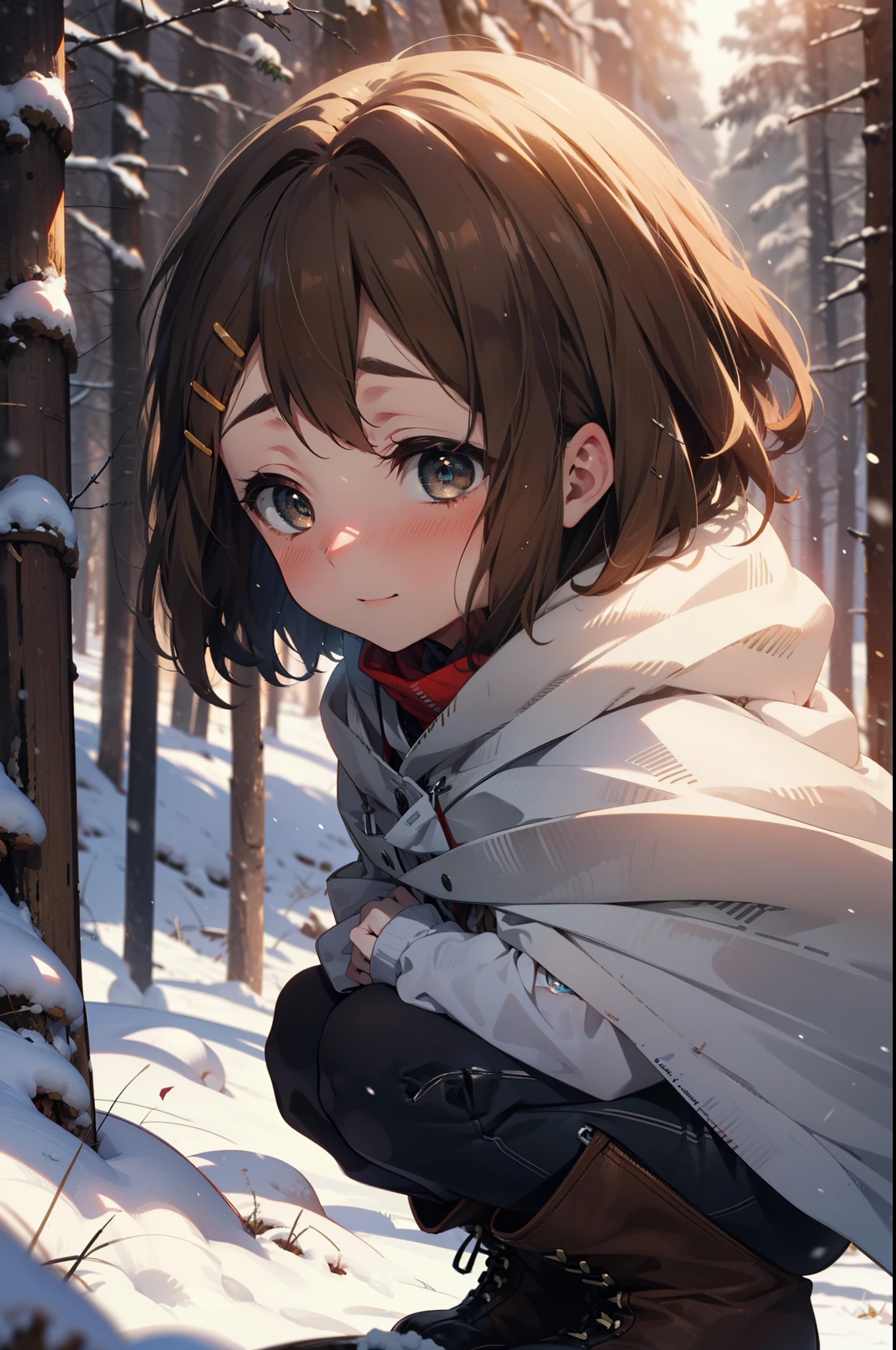 yuihirasawa, Yui Hirasawa, short hair, Brown Hair, hair ornaments, (Brown eyes:1.5), Hair Clip、smile,smile,blush,white breath,
Open your mouth,snow,Ground bonfire,, Outdoor, boots, snowing, From the side, wood, suitcase, Cape, Blurred, , forest, White handbag, nature,  Squat, Mouth closed, Cape, winter, Written boundary depth, Black shoes, red Cape break looking at viewer, Upper Body, whole body, break Outdoor, forest, nature, break (masterpiece:1.2), Highest quality, High resolution, unity 8k wallpaper, (shape:0.8), (Beautiful and beautiful eyes:1.6), Highly detailed face, Perfect lighting, Extremely detailed CG, (Perfect hands, Perfect ???????),