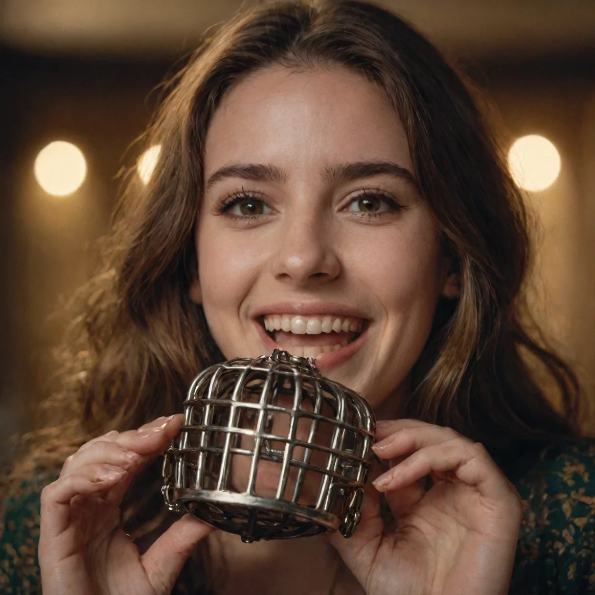 cinematic film still girl holding a chastity cage and laughing, cinematic  photorealistic, , raw, rich, intricate details, key visual, atmospheric lighting, 35mm photograph, film, bokeh, professional, highly detailed . shallow depth of field, vignette, highly detailed, high budget, bokeh, cinemascope, moody, epic, gorgeous, film grain, grainy