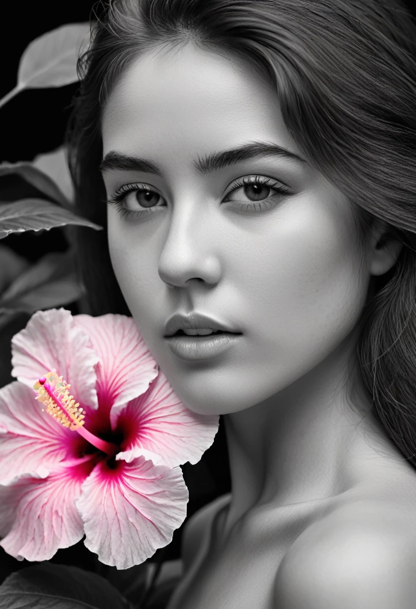 A black and white photo in raw format, zooming in on the intricate details of a young woman's face, shot with a solitary striking Pink Hibiscus, adding a touch of softness and femininity to the composition, enhancing the dramatic contrast and textures of the monochrome image.