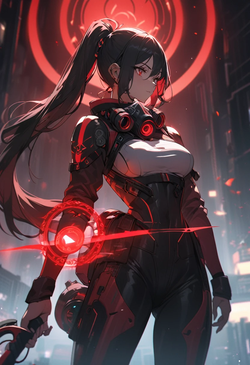 A woman,matured, perfect anatomy, cyberpunk gas mask,long pony tail hair(black hair),red aura,red magic circle,long demon blade with eyes on it, cinematic lighting, cinematic angle,