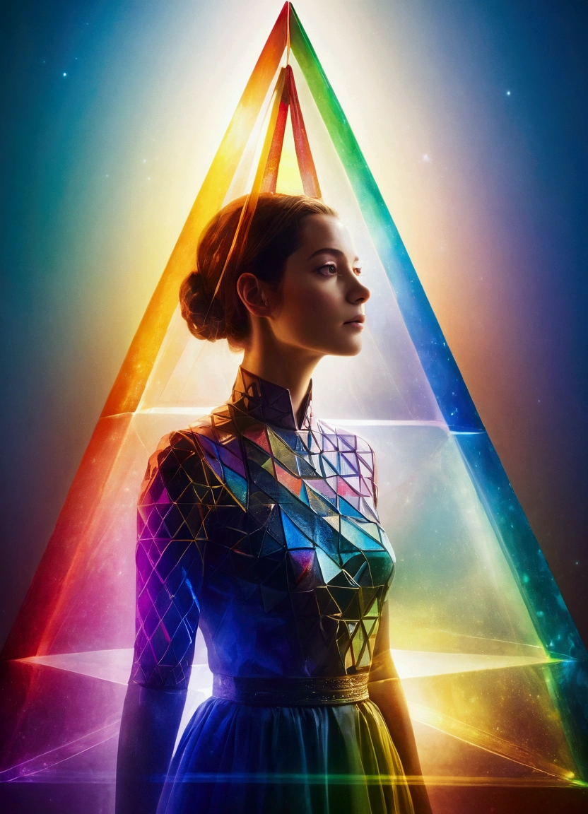 A mysterious woman, Beautiful and expressive, Light shining on a rainbow colored pyramid prism，Double exposure effect:1.3，Amazing depth，Geometric patterns，Bokeh，Perfect balance，Deep and thin border， (masterpiece), (best quality), (Super Detail), Abstract Surrealism