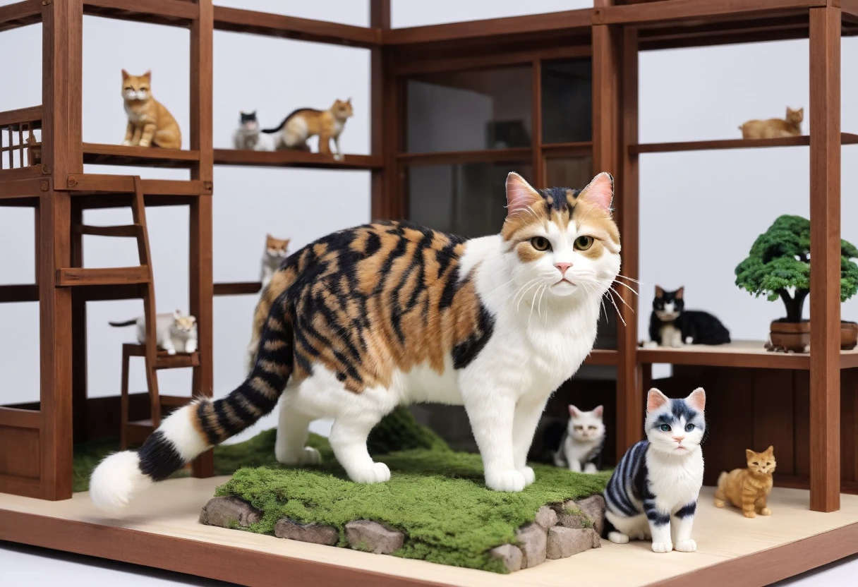 (Giant looking cat), A scene of a giant cat playing with a diorama。Cats are curious々I worked on making buildings and accessories..、The diorama is about to collapse。Emphasizing cat curiosity and playfulness、Create dynamic configurations。,Diorama Doll