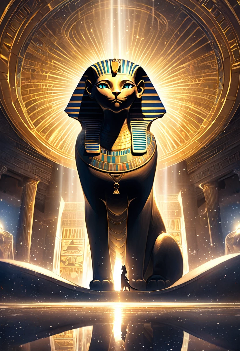 Highest quality, Highest quality, 16K, Unbelievably absurd, Very detailed, delicate and dynamic, Natural light, The particles reflect light, Diffuse reflection of light, Vortex of Light, magical, spooky, Egypt, Sphinx, god of cats