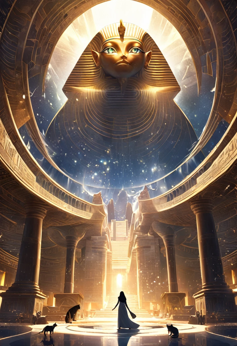 Highest quality, Highest quality, 16K, Unbelievably absurd, Very detailed, delicate and dynamic, Natural light, The particles reflect light, Diffuse reflection of light, Vortex of Light, magical, spooky, Egypt, Sphinx, god of cats