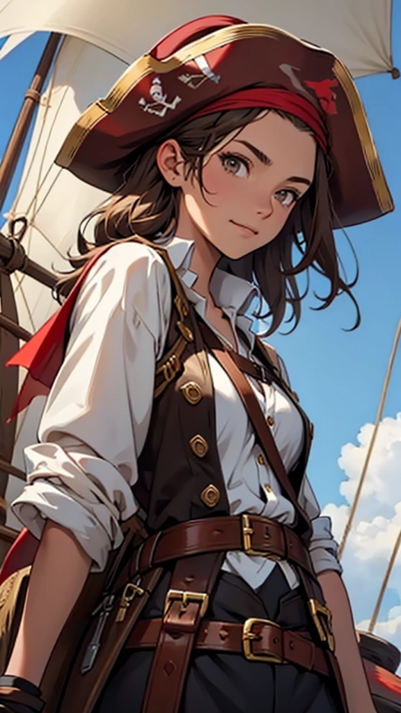 1 female, medium length brown hair, hazel eyes, wearing straw hat with red band with pirate outfit, at the helm of a pirate ship
