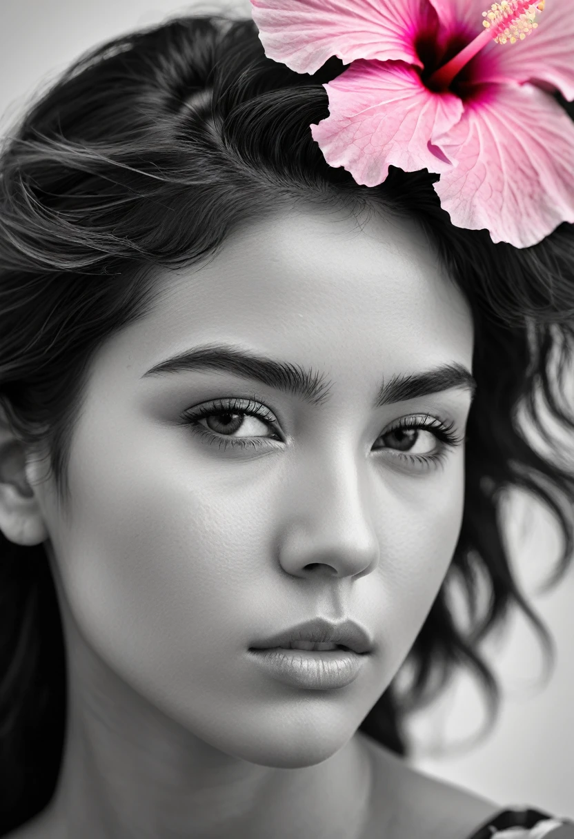 A black and white photo in raw format, zooming in on the intricate details of a young woman's face, shot with a solitary striking Pink Hibiscus, adding a touch of softness and femininity to the composition, enhancing the dramatic contrast and textures of the monochrome image.