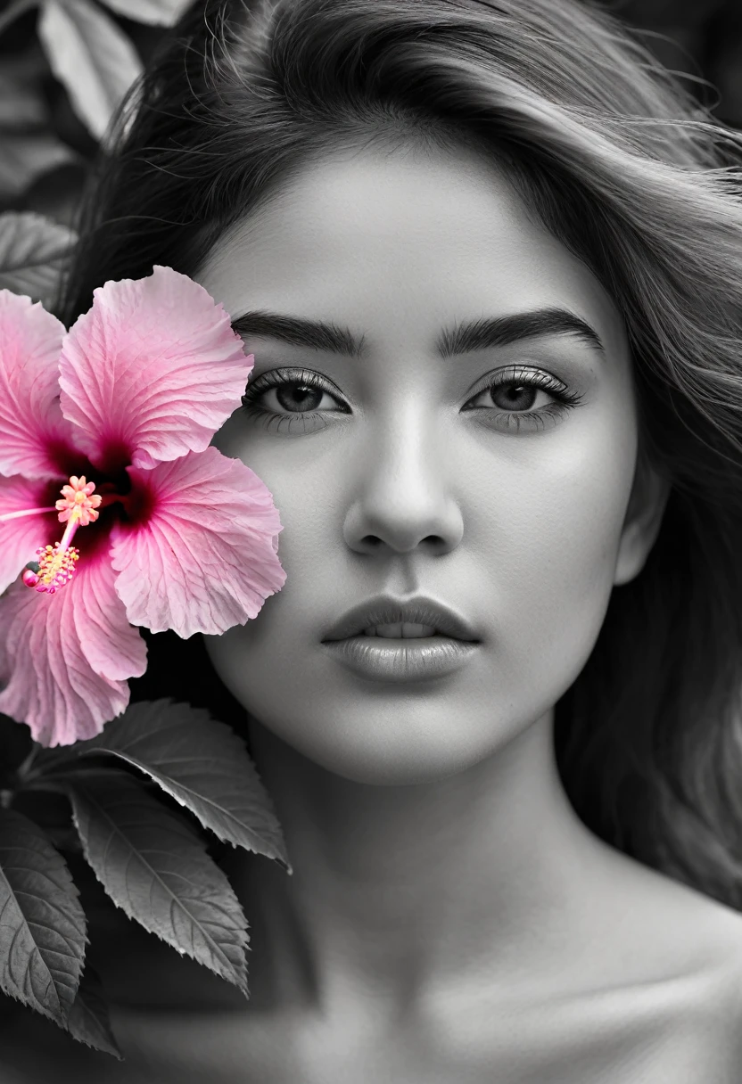 A black and white photo in raw format, zooming in on the intricate details of a young woman's face, shot with a solitary striking Pink Hibiscus, adding a touch of softness and femininity to the composition, enhancing the dramatic contrast and textures of the monochrome image.