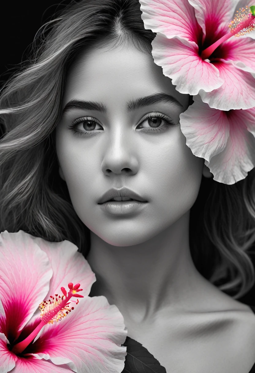 A black and white photo in raw format, zooming in on the intricate details of a young woman's face, shot with a solitary striking Pink Hibiscus, adding a touch of softness and femininity to the composition, enhancing the dramatic contrast and textures of the monochrome image.