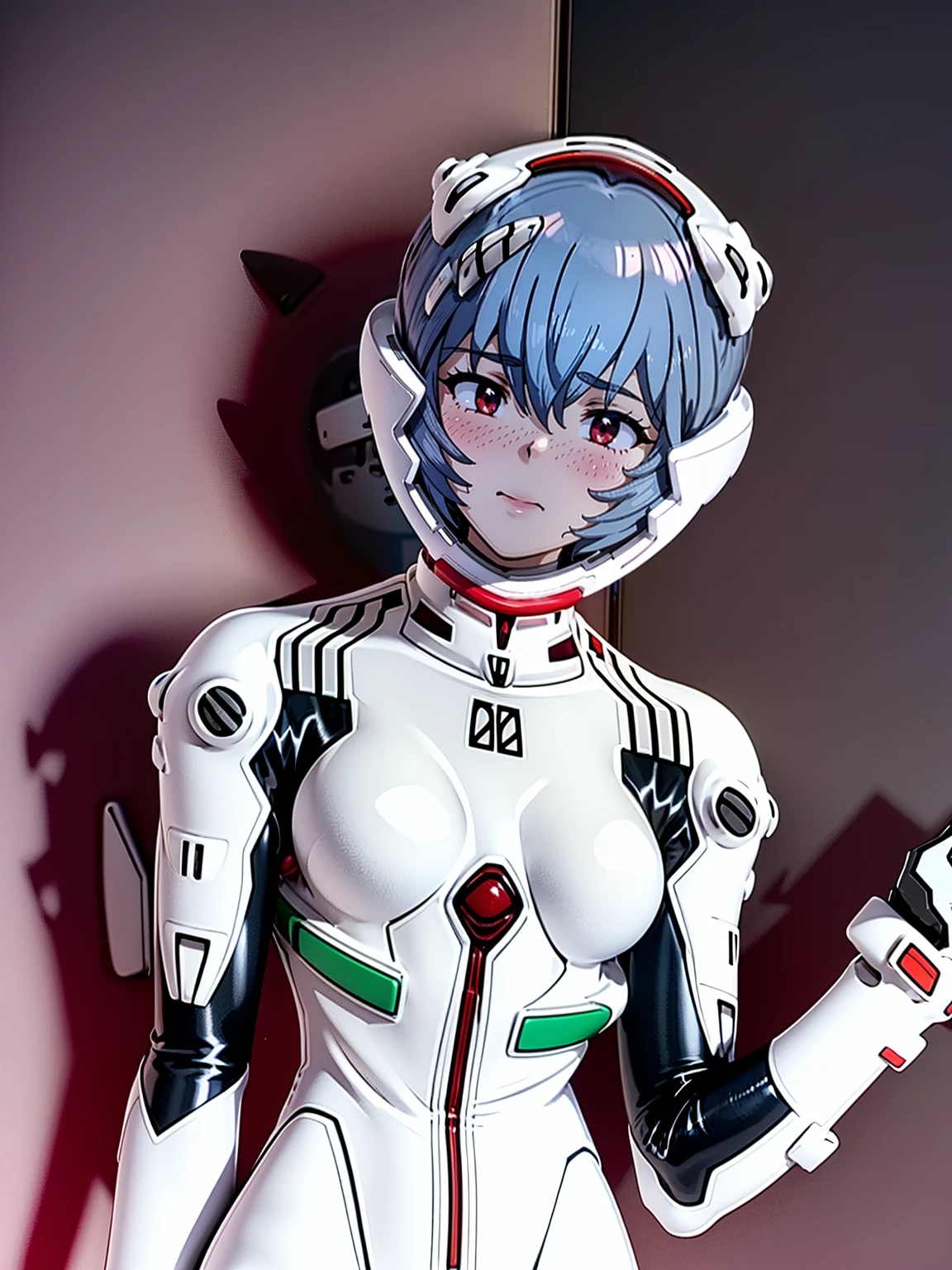 ((Highest quality, 8k wallpaper)),(masterpiece, Highest quality),Very detailed,High resolution,(Official Art:1.3),(((Anime screenshots,Black outline))),One girl,alone, Break mer1,(Rei Ayanami {neon genesis evangelion,}1.2),masterpiece, best quality, outdoor, 1girl, Solo,red eyes,short hair,blue hair, (White plug suit, skintight:1.4), (full blush, ahegao,embarrassed/worried:1.2) , (((Full face helmet with no exposed face and head hair:1.2))),(Eva Helm:1.4),